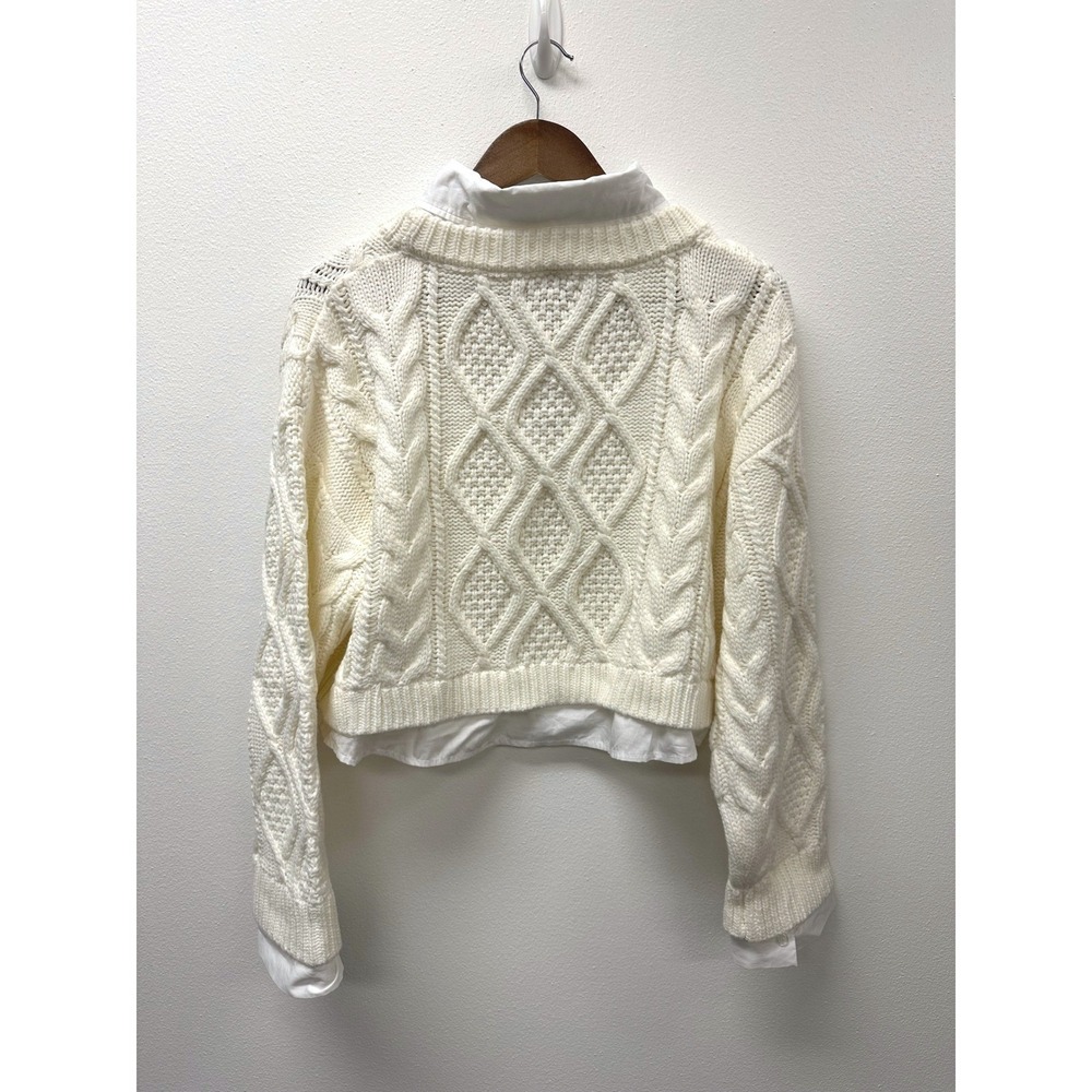 Avec Les Filles Cropped Layered Cable Knit Sweater Ivory M - Picture 8 of 8